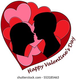 Vector Illustration silhouettes of a young couple about to kiss in front of a background of red hearts.