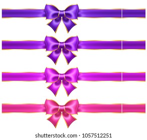 Vektorgrafik - seidene, ultraviolette und rosafarbene Schleifen mit goldenem Rand und Bändern für Grußkarten, Geschäfts- und Geschenkkarten