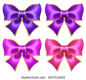 Vector illustration - silk ultra violet and pink bows with golden border for greeting cards, business and gift cards