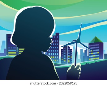 vector illustration sillhouette girl's who is holding windmill while town is lightening in the morning