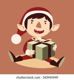 Vector illustration of a silly cartoon elf sitting and holding a wrapped present.