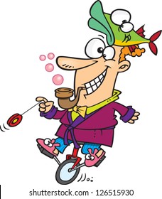 Vector illustration of silly man riding unicycle, playing with yo-yo and blowing bubbles