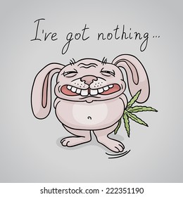 vector illustration of silly rabbit smiling and holding a leaf of plant, hiding it behind his back