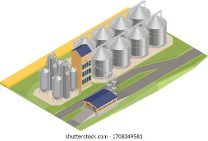 Ilustración vectorial de un silo con grano, ascensor, granero, fábrica. Isometería