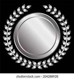 Vector illustration of Silver award a laurel wreath on a black background