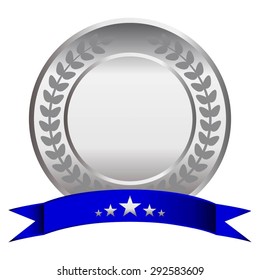 Vector illustration of Silver award with laurel wreath and blue ribbon and 5 stars.