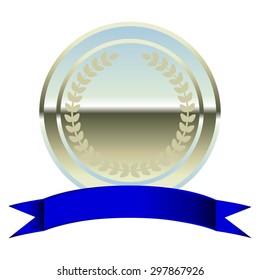 Vector illustration of Silver award with laurel wreath and blue bow ribbon on a white background.