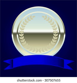 Vector illustration of Silver award with laurel wreath and blue bow ribbon on a dark blue background.