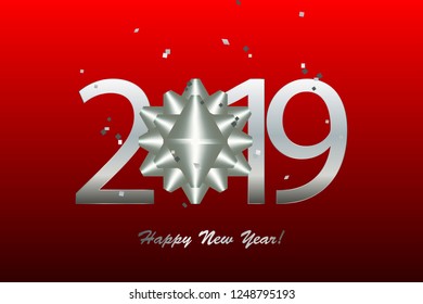 Vector illustration of Silver bow and confetti on a red background. Happy new Year 2019!