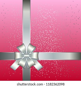 Vector illustration of Silver bow on a pink with sparkles background