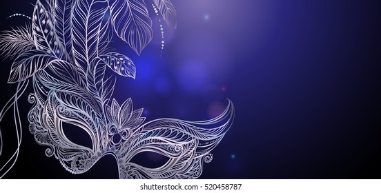 Vector Illustration. Silver carnival mask with feathers. Beautiful concept design for greeting card, party invitation, banner or flyer.