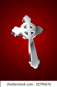 Vector illustration of silver Celtic cross over red background