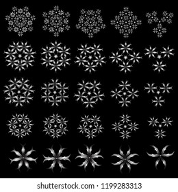 Vector illustration. Silver Christmas set with twenty five abstract snowflakes and dots on a black background.