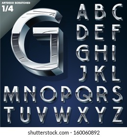 Vector illustration of Silver chrome or aluminum scratched 3D alphabet. Art deco style. Set 1