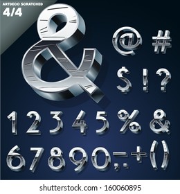 Vector illustration of Silver chrome or aluminum scratched 3D alphabet. Art deco style. Set 4