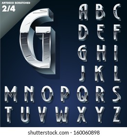 Vector illustration of Silver chrome or aluminum scratched 3D alphabet. Art deco style. Set 2