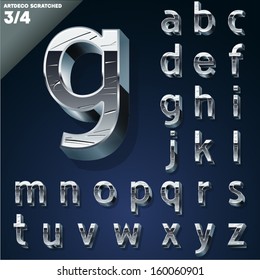 Vector illustration of Silver chrome or aluminum scratched 3D alphabet. Art deco style. Set 3