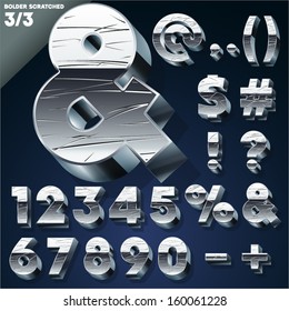 Vector illustration of Silver chrome or aluminum scratched 3D alphabet. Sans bold style. Set 3