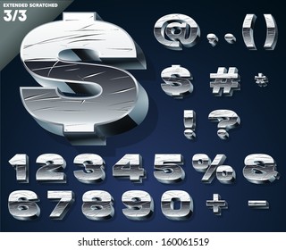 Vektorgrafik von Silver Chrom oder Aluminium gekratzt 3D-Alphabet. Erweiterter kühner Stil. Set 3