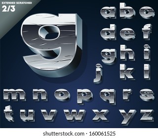 Vector illustration of Silver chrome or aluminum scratched 3D alphabet. Extended Bold style. Set 2