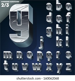 Vector illustration of Silver chrome or aluminum scratched 3D alphabet. Condense style. Set 2