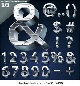 Vector illustration of Silver chrome or aluminum 3D alphabet. Compact medium style. Set 3