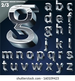 Vector illustration of Silver chrome or aluminum 3D alphabet. Compact medium style. Set 2