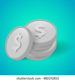 Vector Illustration of silver coins on blue background. 