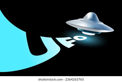 Vector illustration of silver color flying saucer with blue glow and word ufo on black background. 3d style design of ufo with lighting and text for web, site, banner, poster