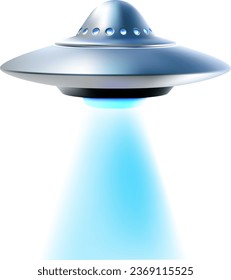 Vector illustration of silver color flying saucer with blue glowing light on white background. 3d style design of ufo with lighting for web, site, banner, poster