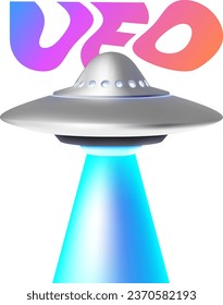 Vector illustration of silver color flying saucer with blue glow light and word ufo on white background. 3d style design of ufo with lighting and text for web, site, banner, poster