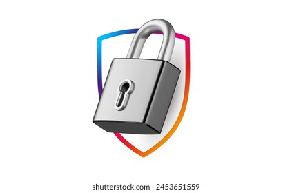 Vector illustration of silver color padlock and security shield on white background. 3d style design of metallic shine padlock and line shield for web, site, banner, poster