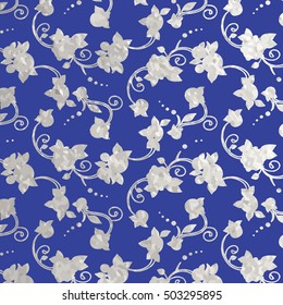 Vector illustration of silver foil ornamental background with roses in Victorian style on blue. Non Seamless pattern!
