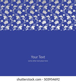 Vector illustration of silver foil ornamental boarder with roses and copy space in Victorian style on blue.