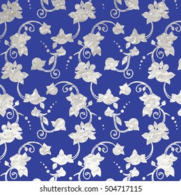 Vector illustration of silver foil ornamental background with roses in Victorian style on blue. Non Seamless pattern!