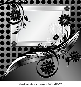 vector illustration of a  silver frame with ornament on metal texture made with circles