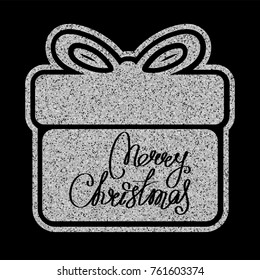 Vector illustration silver glitter gift box icon with inscription merry christmas on black background for design greeting card, christmas poster or flyer.