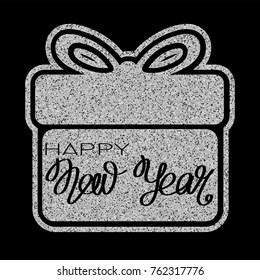 Vector illustration silver glitter gift box icon with inscription  happy new year on black background for design greeting card, christmas poster or flyer.