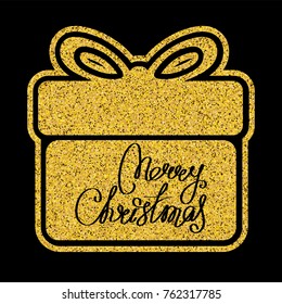 Vector illustration silver glitter gift box icon with inscription merry christmas on black background for design greeting card, christmas poster or flyer.