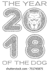 Vector illustration silver glitter inscription 2018 with head dog and the year of the dog on white background for design card or poster.