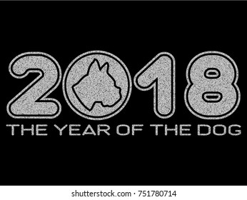 Vector illustration silver glitter inscription 2018 with head dog and the year of the dog on black background for design card or poster.