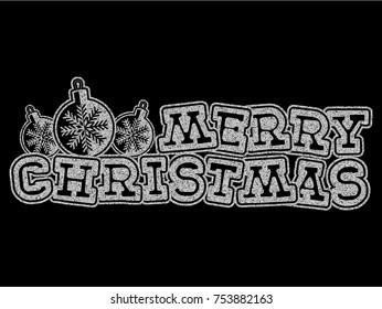 Vector illustration silver glitter inscription Merry Christmas with toys on black background for design card or poster.