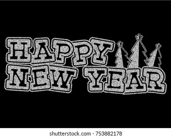 Vector illustration silver glitter inscription Happy New Year with fur tree on black background for design card or poster.