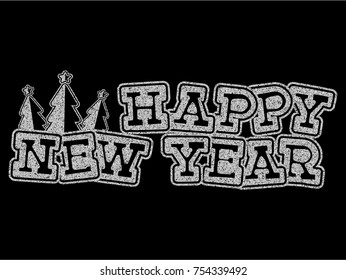 Vector illustration silver glitter inscription Happy New Year with fur tree on black background for design card or poster.