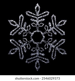 Vector illustration of a silver glitter snowflake featuring geometric details on a black background.