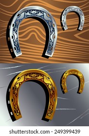 Vector illustration of a silver and golden horseshoe for good luck on abstract background