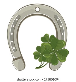 Vector illustration with the silver horseshoe and clover isolated on white background
