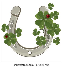 Vector illustration with the silver horseshoe, clover and ladybird isolated on white background 