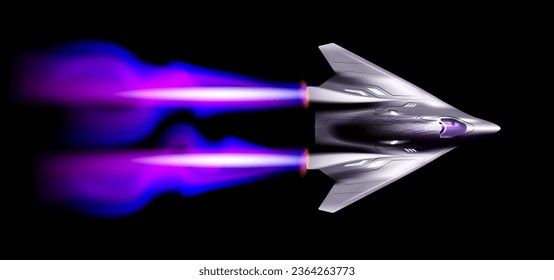 Ilustración vectorial del plano de aire de chorro de plata con trazas de humo de llama y púrpura sobre fondo de color negro. Diseño de 3d estilo avión volador con luz para web, sitio, banner, afiche