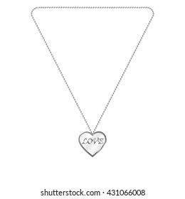 Vector illustration of silver jewelry in the form of heart on a chain. Silver pendant. On an isolated white background. Inscription love.